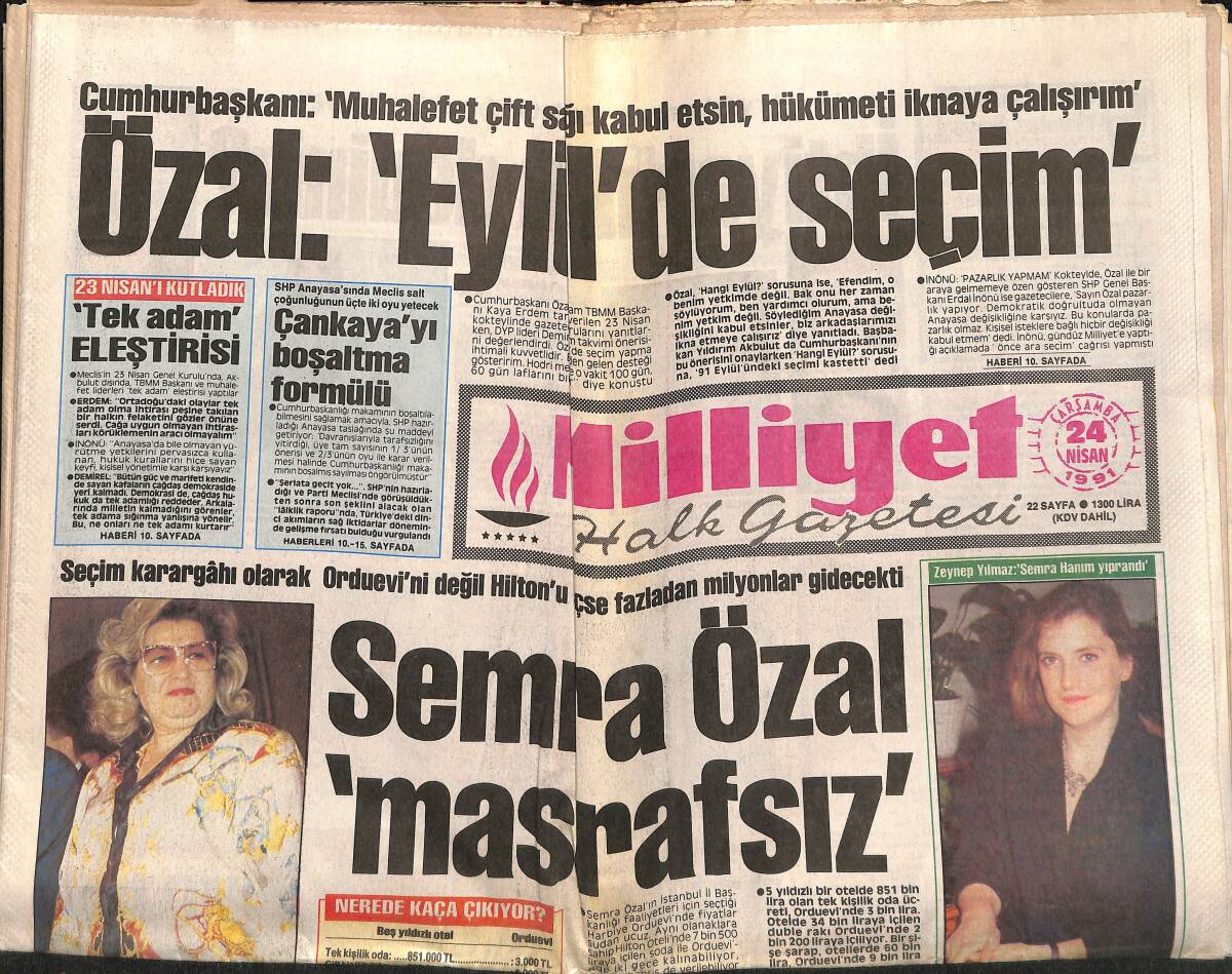 Milliyet Gazetesi 24 Nisan 1991 - Semra Özal Masrafsız - Batı Seçmece Kürt Peşinde GZ149312 - 1