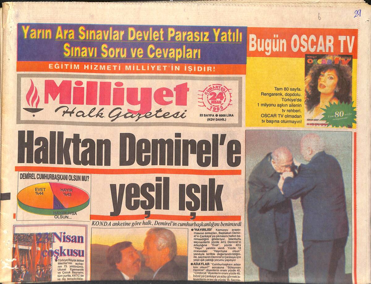 Milliyet Gazetesi 24 Nisan 1993 - Halktan Demirel'e Yeşil Işık - Ali Şen, Vefa Küçük El Ele GZ2011 - 1