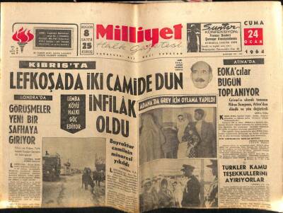 Milliyet Gazetesi 24 Ocak 1964 - Lefkoşada İki Camide İnfilak Oldu.Bayraktar Camiinin Minaresi Yıkıldı GZ58829 - 1