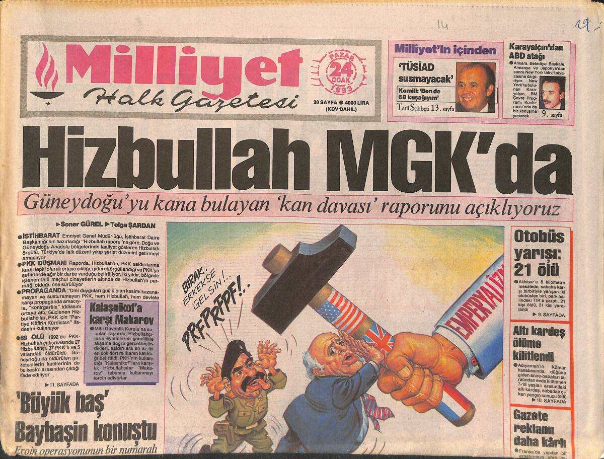 Milliyet Gazetesi 24 Ocak 1993 - Hizbullah MGK'da - Galatasaray Bombaladı GZ2007 - 1