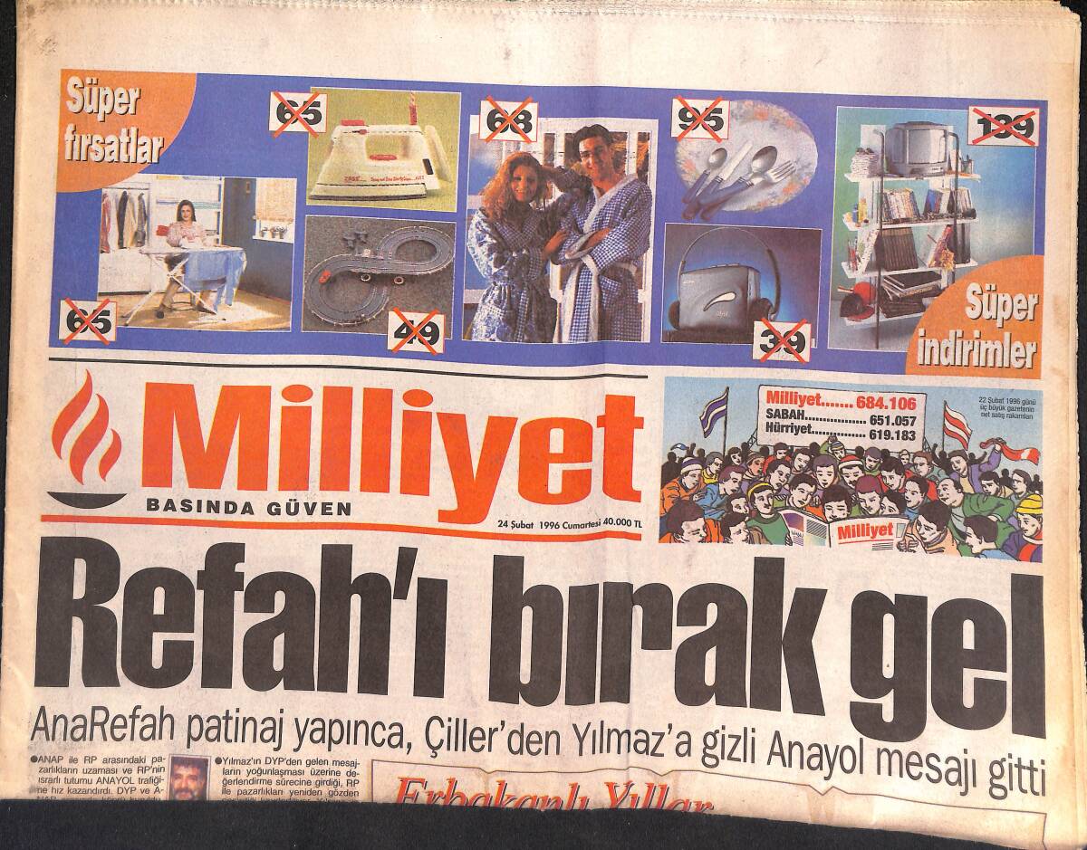 Milliyet Gazetesi 24 Şubat 1996 - Refah'ı Bırak Gel - Çalıkuşu'nun Okulu Satılık - CIA Başkanı Ege'ye Taktı GZ132922 - 1