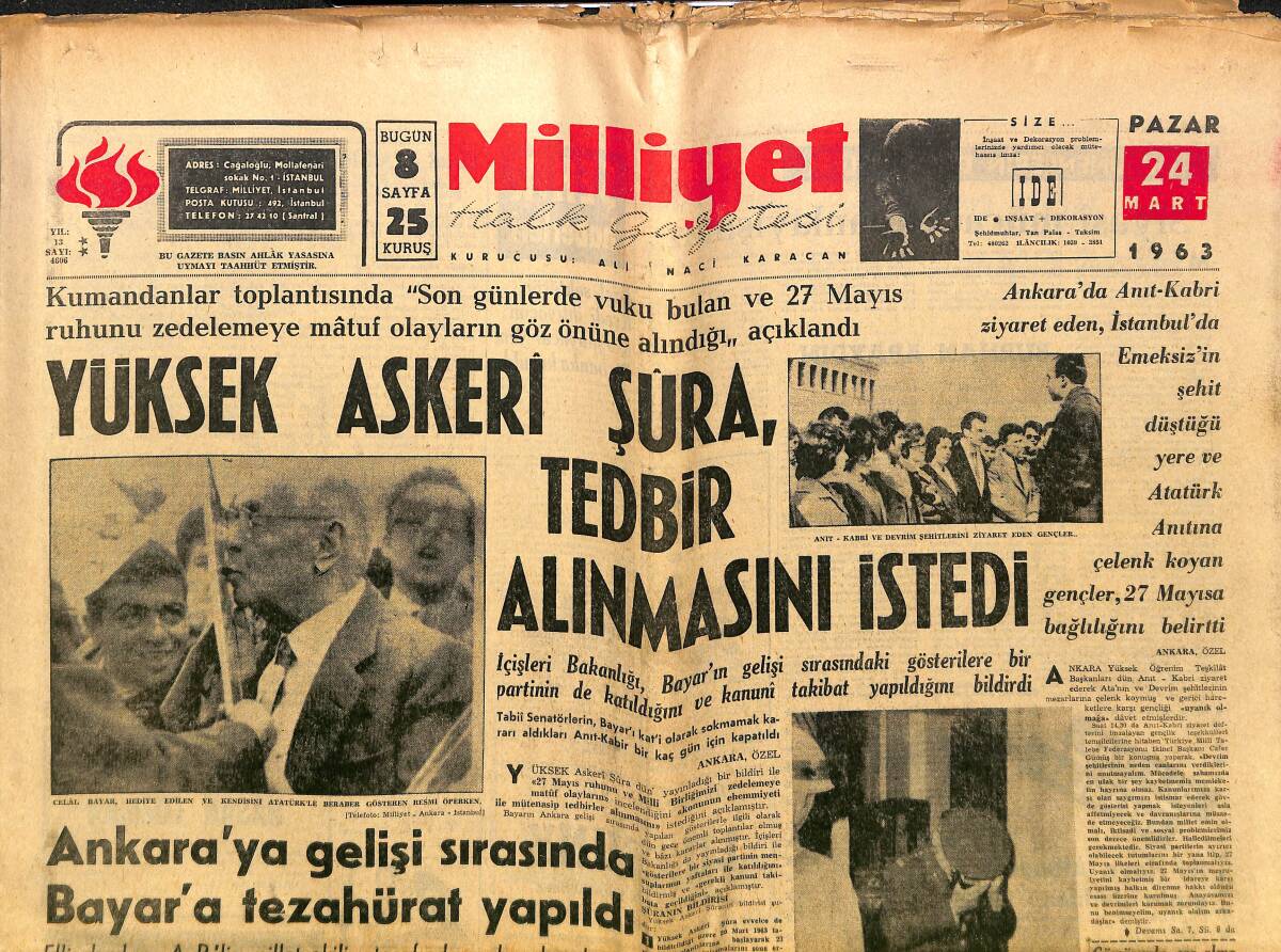 Milliyet Gazetesi 24 Temmuz 1963 - Ankara'ya Gelişi Sırasında Bayar'a Tezahürat Yapıldı - Fenerbahçe Kongresi Bugün Yapılıyor GZ140252 - 1