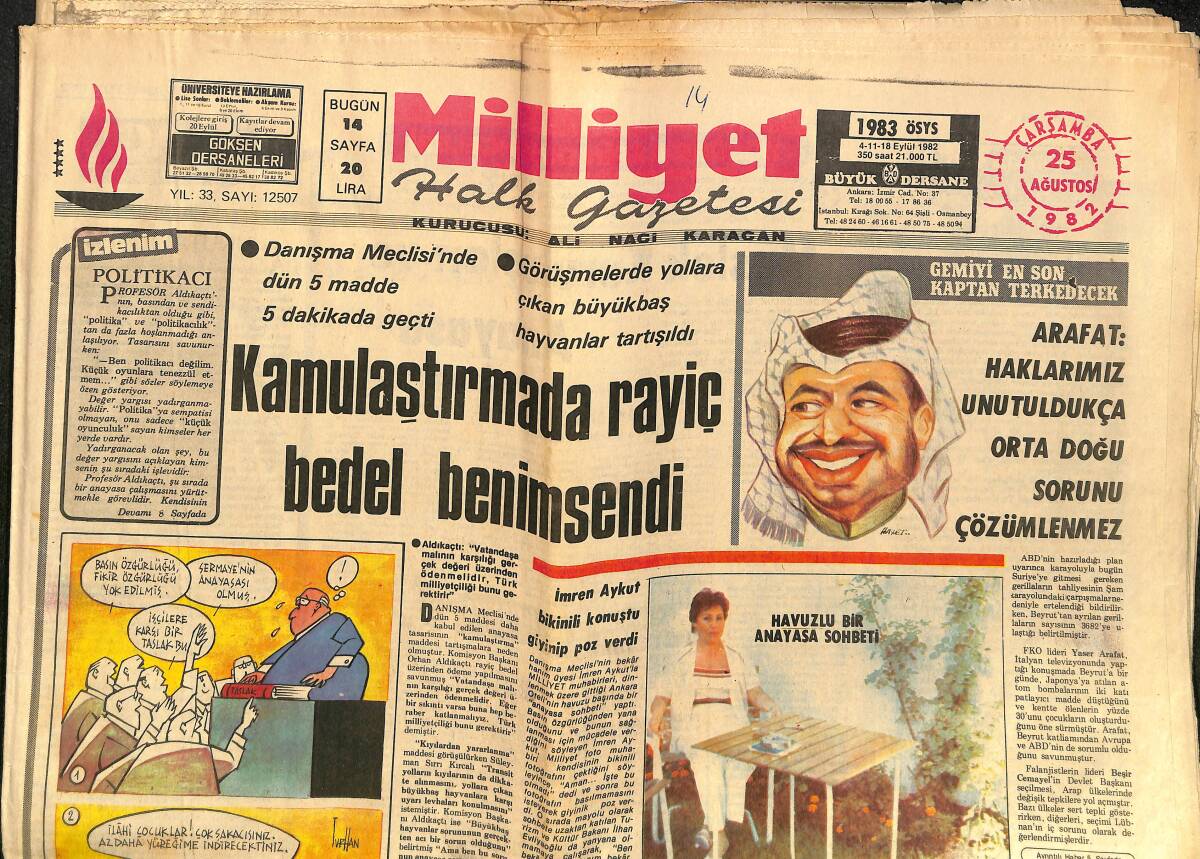 Milliyet Gazetesi 25 Ağustos 1982 - Türkiye, 25 Ülke İçinde Fiyat Artışında 1. Oldu - Hülya Sözer Galatasaray Diyor - Cüneyt Arkın'ın Dört Adayı Var GZ140096 - 1
