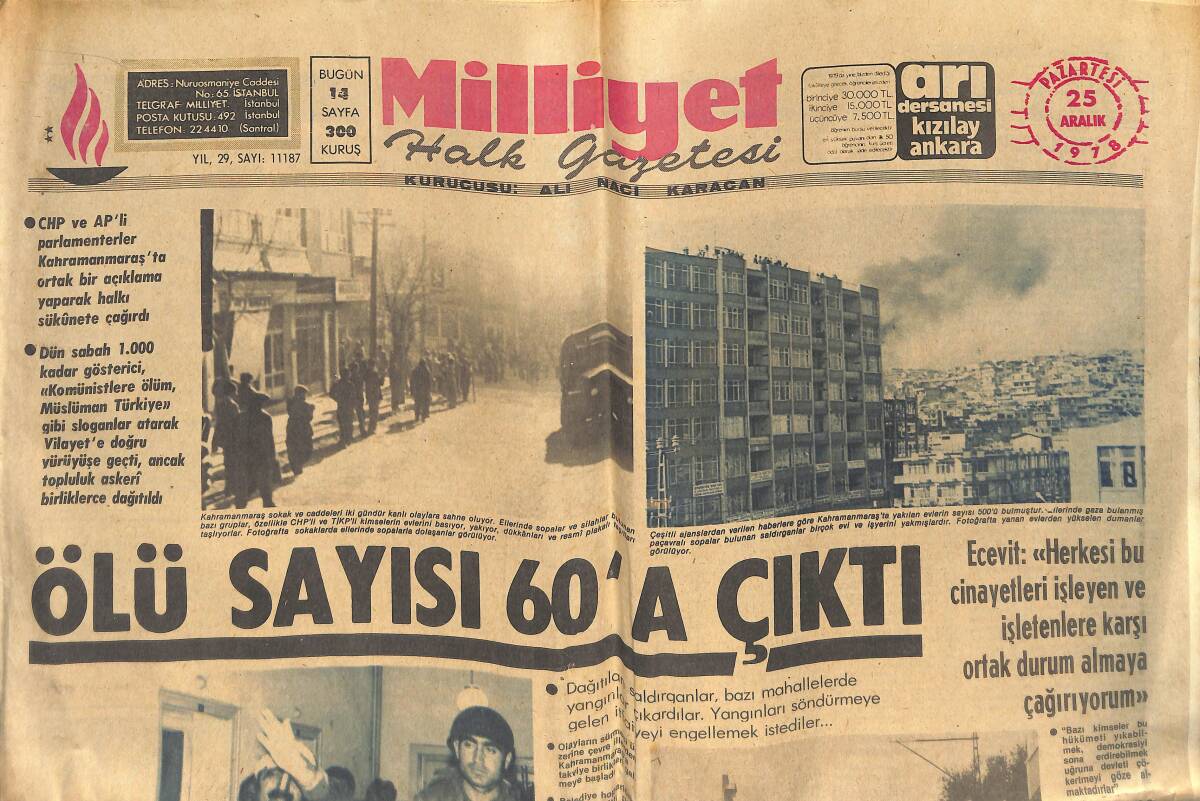 Milliyet Gazetesi 25 Aralık 1978 - Kahramanmaraş'ta Ölü Sayısı 60'a Çıktı - Eleme Maçında Galatasaray Elendi GZ133487 - 1