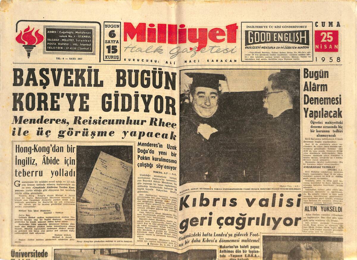 Milliyet Gazetesi 25 Nisan 1958 - Başvekil Menderes Bugün Kore'ye Gidiyor - L. Bacall Frank Sinatra Muammesi GZ146799 - 1