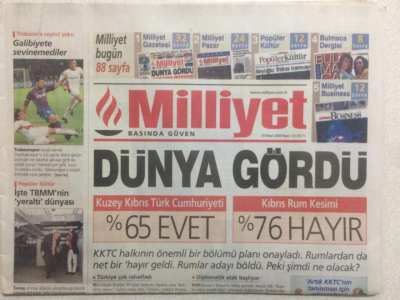 Milliyet Gazetesi - 25 Nisan 2004 - Dünya Gördü KKTC %65 Evet,KRK %76 Hayır GZ24481 - 1