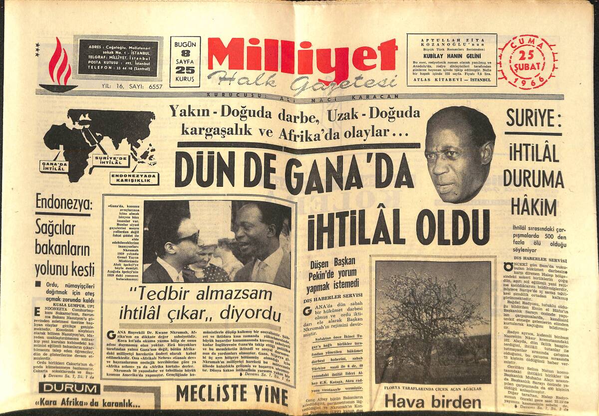 Milliyet Gazetesi 25 Şubat 1966 - Dün De Gana Da İhtilal Oldu - Kıbrıs Türk Birliği Mart'ta Gönderilecek! GZ140196 - 1