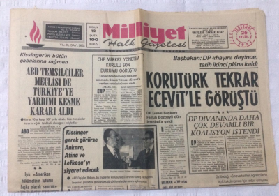 Milliyet Gazetesi 26 Eylül 1974 - Korutürk Tekrar Ecevitle Görüştü - GZ15913 - 1