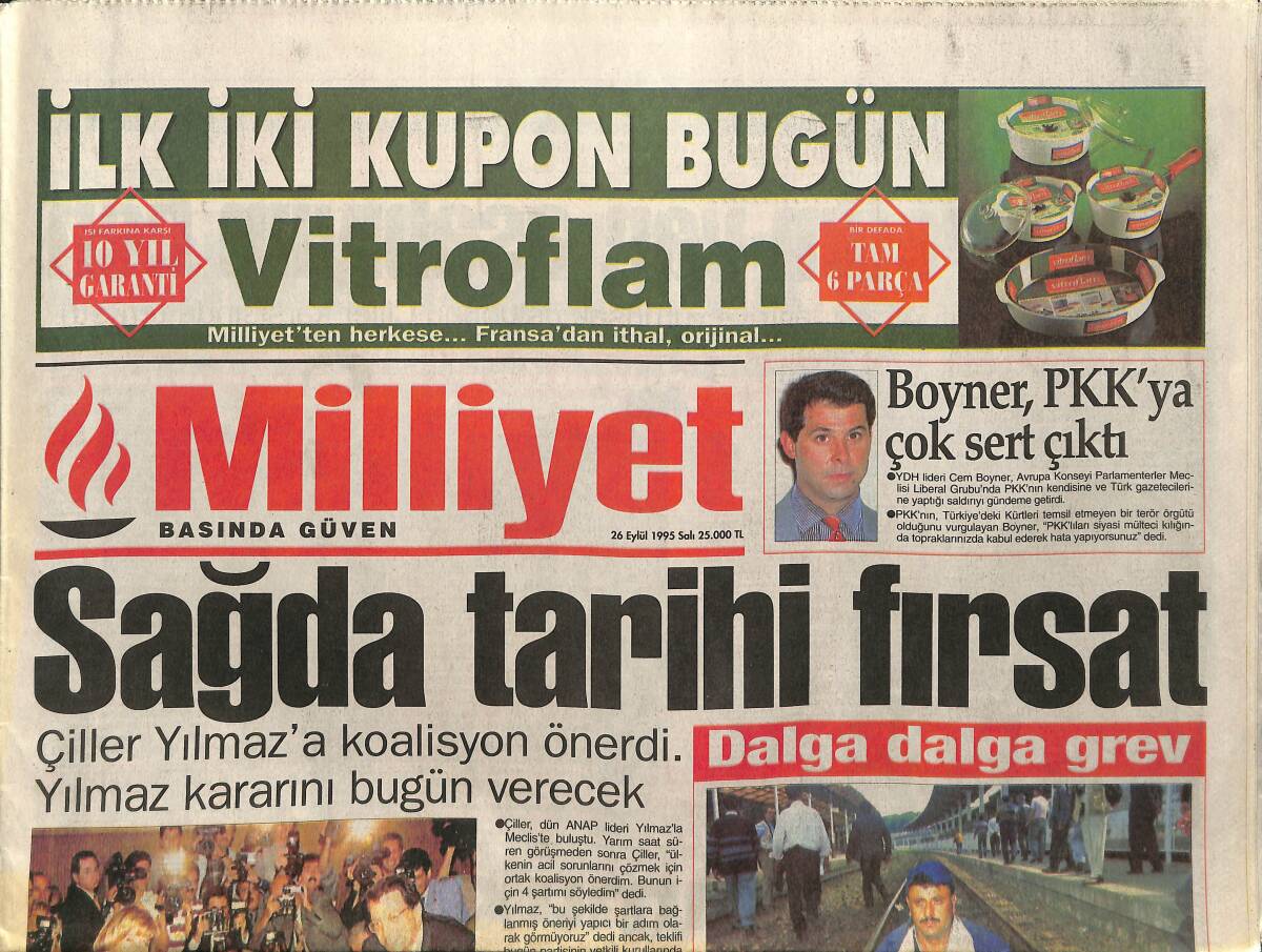 Milliyet Gazetesi 26 Eylül 1995 - Çiller, Yılmaz'a Koalisyon Önerdi - Kürtler Birbirine Girdi GZ157459 - 1