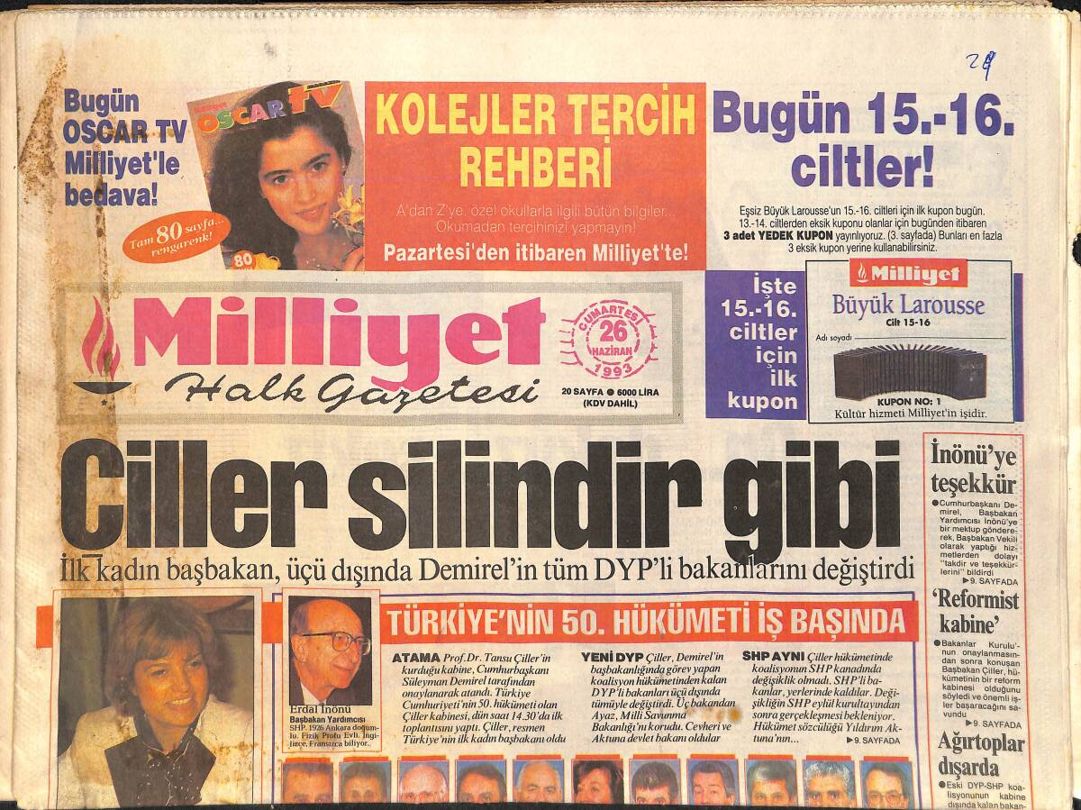 Milliyet Gazetesi 26 Haziran 1993 - Çiller Silindir Gibi GZ3171 - 1