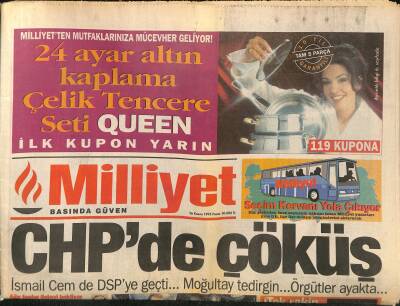Milliyet Gazetesi 26 Kasım 1995 - CHPde Çöküş - Kozlu Adil Düzen Hayal - Parreiradan Tam Not GZ123330 - 1