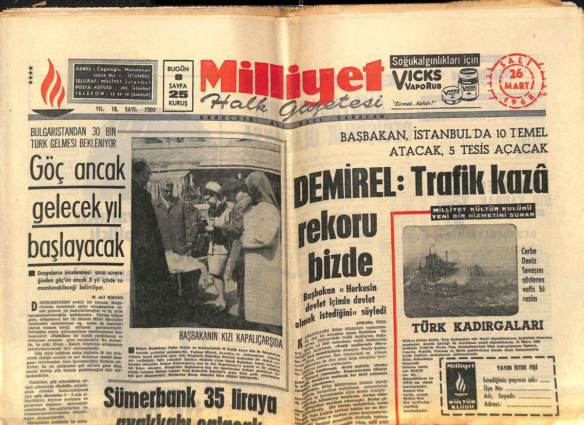 Milliyet Gazetesi 26 Mart 1968 - Kadıköy Koyuna İlk Toprağı Ilgaz Attı - Fenerbahçe'de Endişe - Demirel: Trafik Kazası Rekoru Bizde GZ140247 - 1