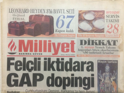 Milliyet Gazetesi 26 Mayıs 1996 - Felçli İktidara Gap Dopingi GZ24362 - 1