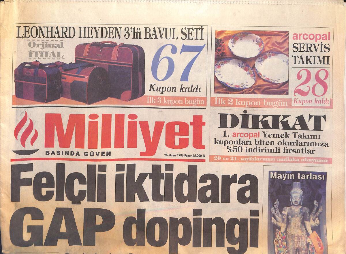 Milliyet Gazetesi 26 Mayıs 1996 - Terim Sert Başladı - Felçli İktidara GAP Dopingi GZ132878 - 1