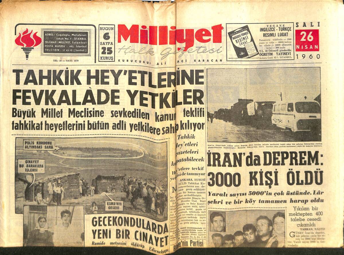 Milliyet Gazetesi 26 Nisan 1960 - İran'da Deprem:3000 Kişi Öldü - Tahkik Heyetlerine Fevkalade Yetkiler - Galatasaray'ın Avrupa Turnesi Bugün Başlıyor GZ140326 - 1