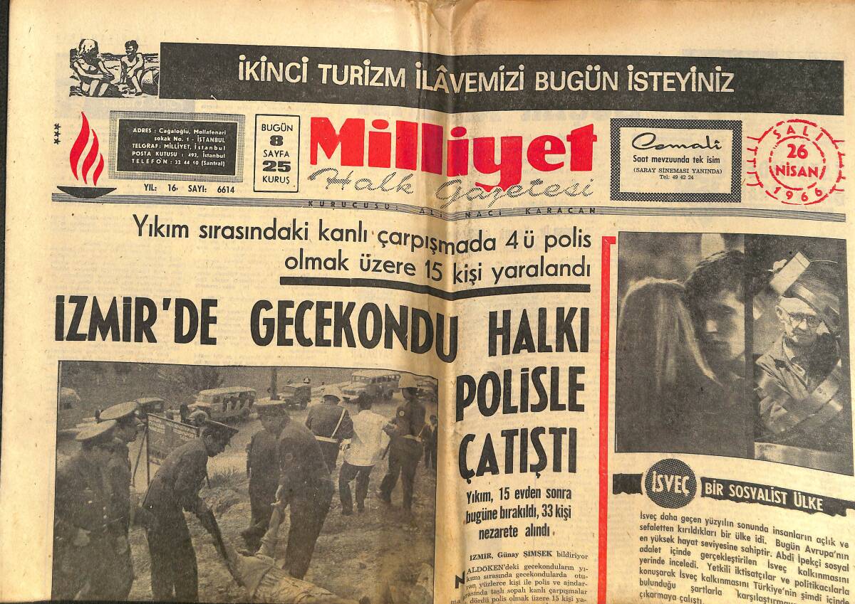 Milliyet Gazetesi 26 Nisan 1966 - İzmir'de Gecekondu Halkı Polisle Çatıştı - 16 Senatör Kaybetti - Türk İş Ve Siyaset GZ140304 - 1