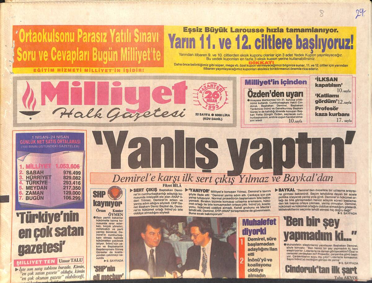 Milliyet Gazetesi 26 Nisan 1993 - Demirel'e Karşı İlk Sert Çıkış Yılmaz Ve Baykal'dan - Kuveyt'i Savunuyorlar GZ2010 - 1