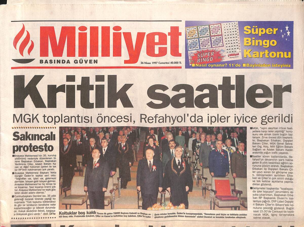Milliyet Gazetesi 26 Nisan 1997 - MGK Toplantısı Öncesi , Refahyol'da İpler İyice Gerildi - Trabzonspor'un Antalya Keyfi GZ160263 - 1