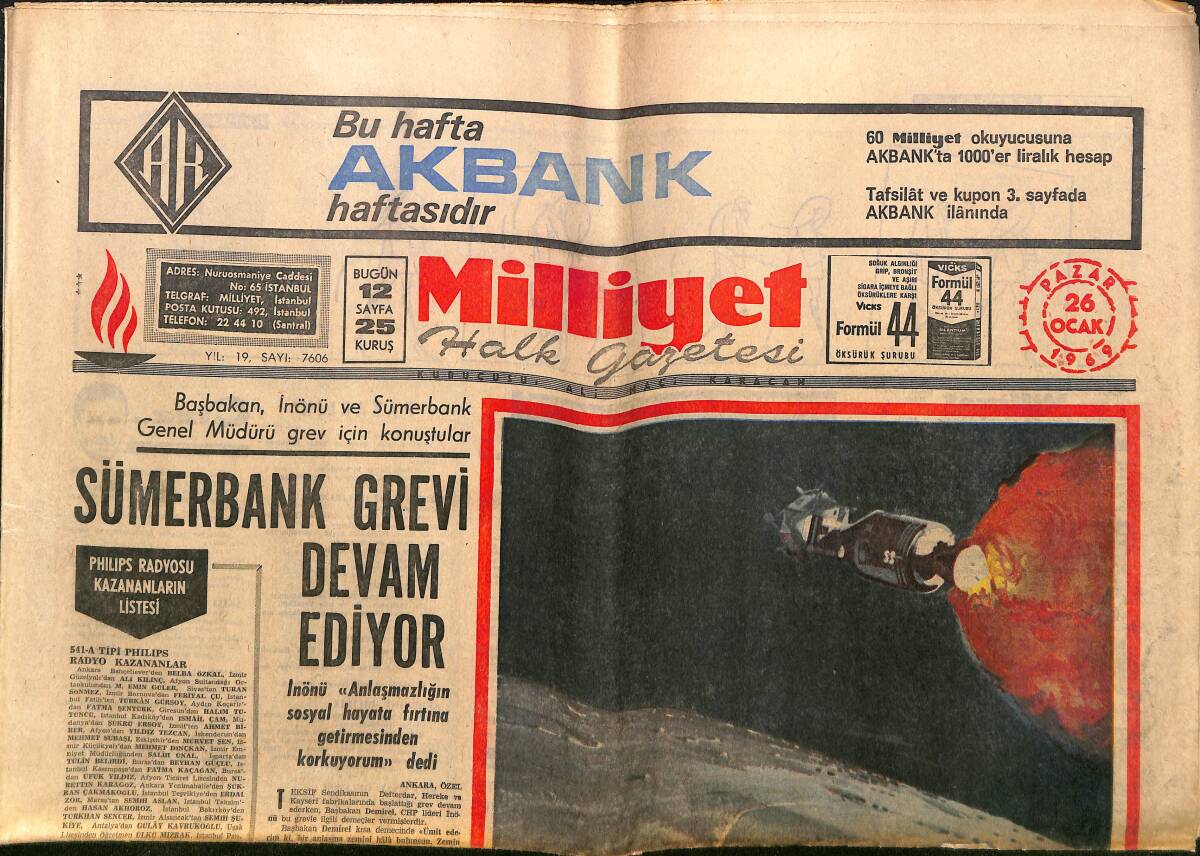 Milliyet Gazetesi 26 Ocak 1969 - Ay'dan Dönen Astronotlar Anlatıyor - İstanbul İle Uludağ Arasında Uçak İşletilecek GZ140063 - 1