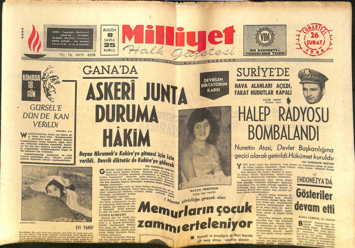 Milliyet Gazetesi 26 Şubat 1966 - Halep Radyosu Bombalandı - Merkez Ve Ziraat Bankası Genel Müdürleri Görevden Alındı! GZ140197 - 1