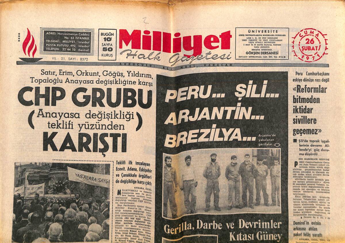 Milliyet Gazetesi 26 Şubat 1971 - Gerilla, Darbe Ve Devrimler Kıtası Güney Amerika - Fenerbahçe Cemil İçin 1 Milyonu Gözden Çıkarttı GZ140284 - 1