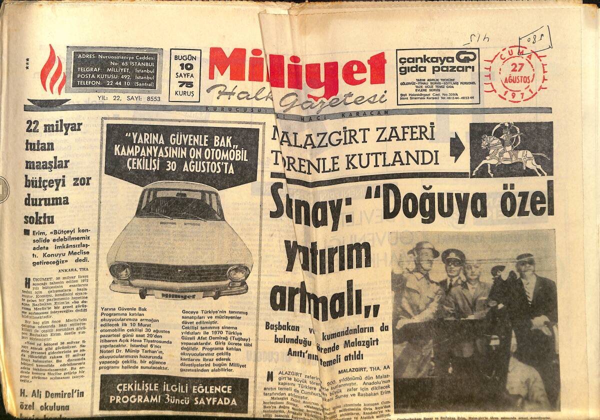 Milliyet Gazetesi 27 Ağustos 1971 - Cevdet Sunay: Doğuya Özel Yatırım Artmalı - Meclis, Anayasa İçin 3 Gün 24'e Kadar Çalışacak! GZ140132 - 1