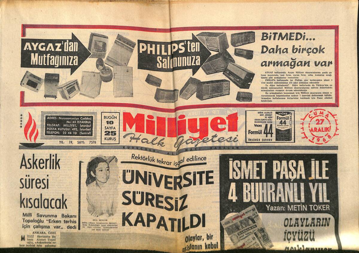 Milliyet Gazetesi 27 Aralık 1968 - Bülent Ecevit Hükümeti İsrafla Suçladı - Üniversite Süresiz Kapatıldı - İsmet Paşa İle 4 Buhranlı Yıl GZ140165 - 1