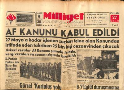 Milliyet Gazetesi - 27 Ekim 1960 - Af Kanunu Kabul Edildi GZ110874 - 1