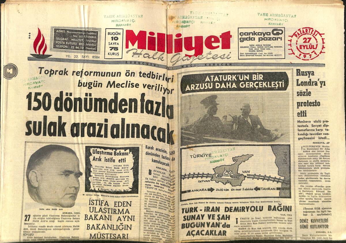 Milliyet Gazetesi 27 Eylül 1971 - Türk-İran Demiryolu Bağını Sunay Ve Şah Bugün Van'da Açacaklar - Atatürk'ün Bir Arzusu Daha Gerçekleşti GZ140269 - 1