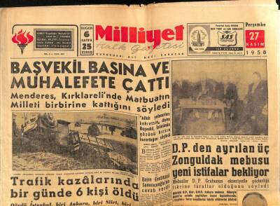 Milliyet Gazetesi 27 Kasım 1958 - Adnan Menderes,Matbuat Milleti Birbirine Katıyor GZ59487 - 1