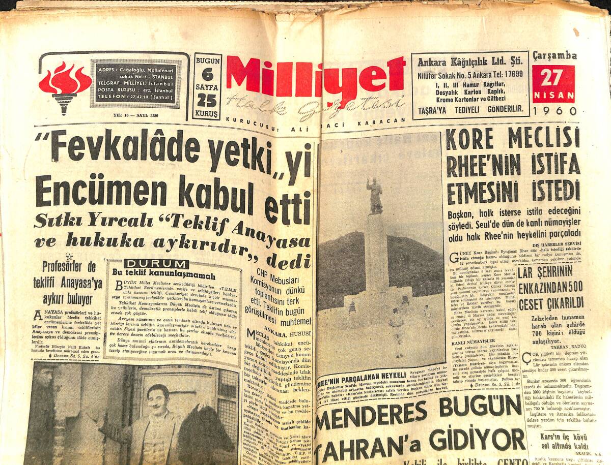 Milliyet Gazetesi 27 Nisan 1960 - Menderes Bugün Tahran'a Gidiyor - Bir Genç, Chessman Yerine İdamını İstedi - Galatasaray'ın İlk Durağı Belçika GZ140229 - 1
