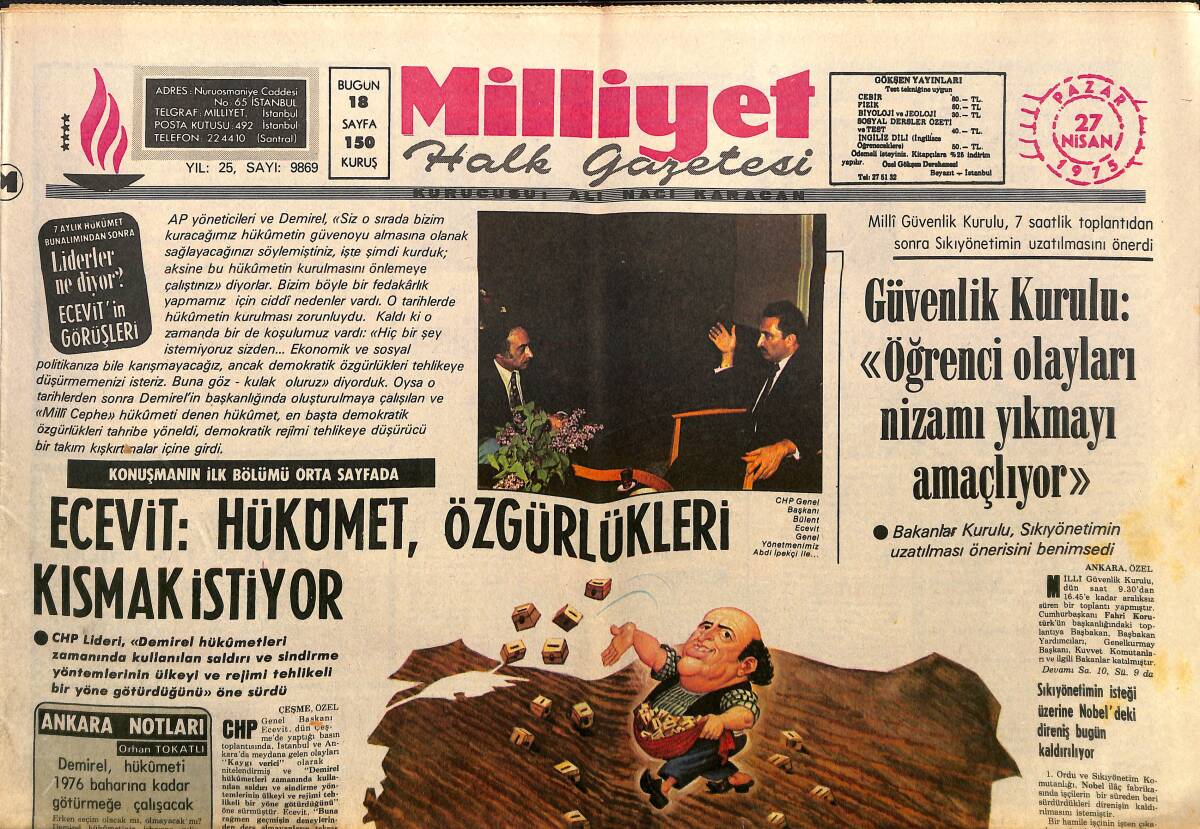Milliyet Gazetesi 27 Nisan 1975 - Asya'daki Yeni Değişim, ABD, Dünya Ve Türkiye - CİA'nın Yeni Görevi - Ecevit: Hükümet Özgürlükleri Kısmak İstiyor GZ140076 - 1