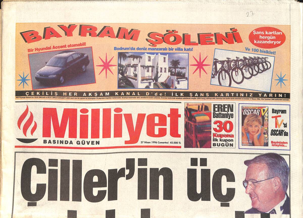Milliyet Gazetesi 27 Nisan 1996 - Çiller'in 3 Evi Daha Çıktı - Galatasaray'ın Oyununa Geldik GZ2035 - 1