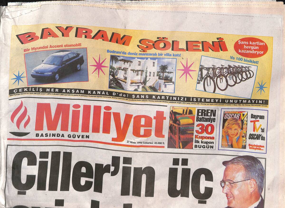 Milliyet Gazetesi 27 Nisan 1996 - Çiller'in Üç Evi Daha Çıktı - Ali Şen Küstü - Kuntz Ve Johnsen Kalıyor GZ134141 - 1