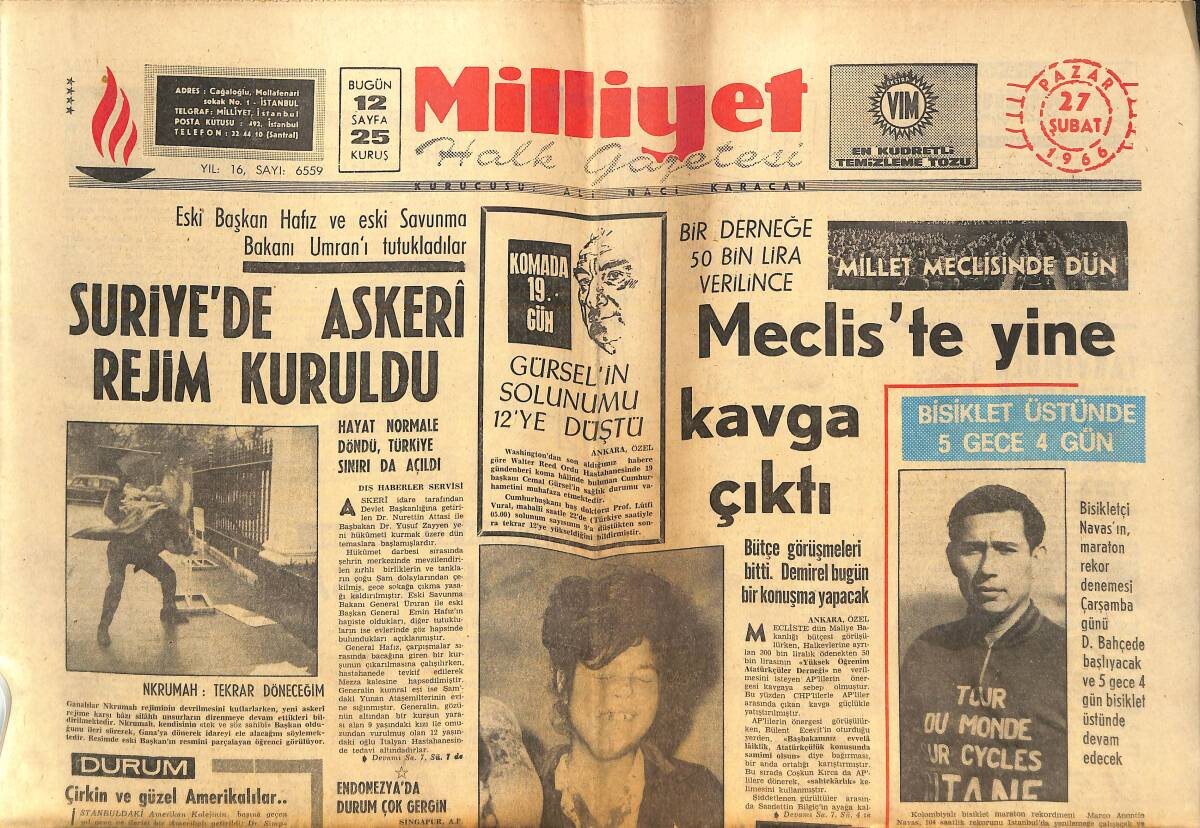 Milliyet Gazetesi 27 Şubat 1966 - Suriye'de Askeri Rejim Kuruldu - Meclis'te Yine Kavga Çıktı! - Ve İsmet Paşa Lozan'da GZ140198 - 1