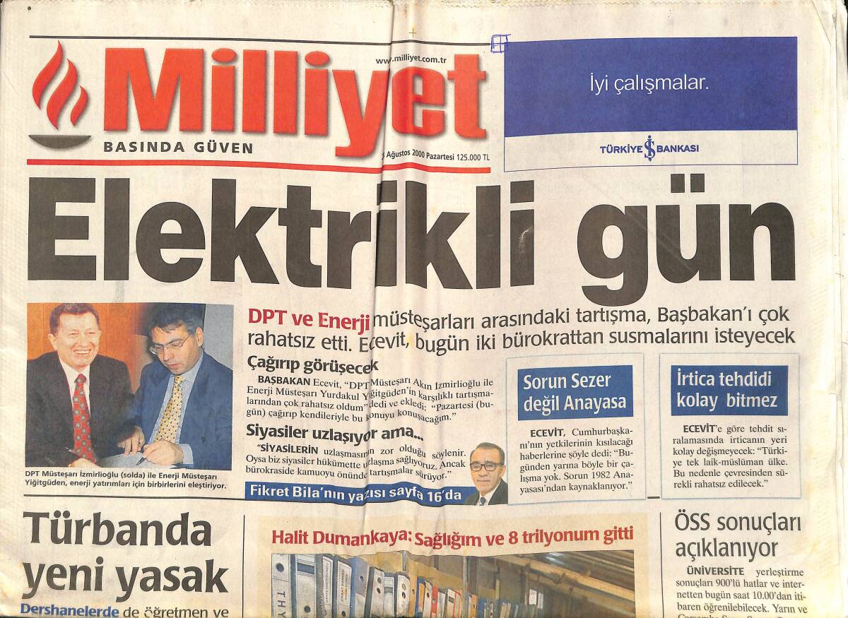 Milliyet Gazetesi 28 Ağustos 2000 - İnönü'de Laz İnadı - Türbanda Yeni Yasak - Bahçeli : Seviyesiz Polemik Yok GZ157358 - 1