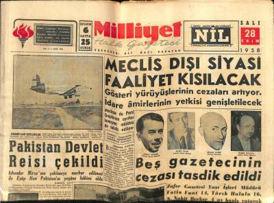 Milliyet Gazetesi 28 Ekim 1958 - Beş Gazetecinin Cezası Tasdik Edildi, Pakistan Devlet Reisi Çekildi GZ59579 - 1