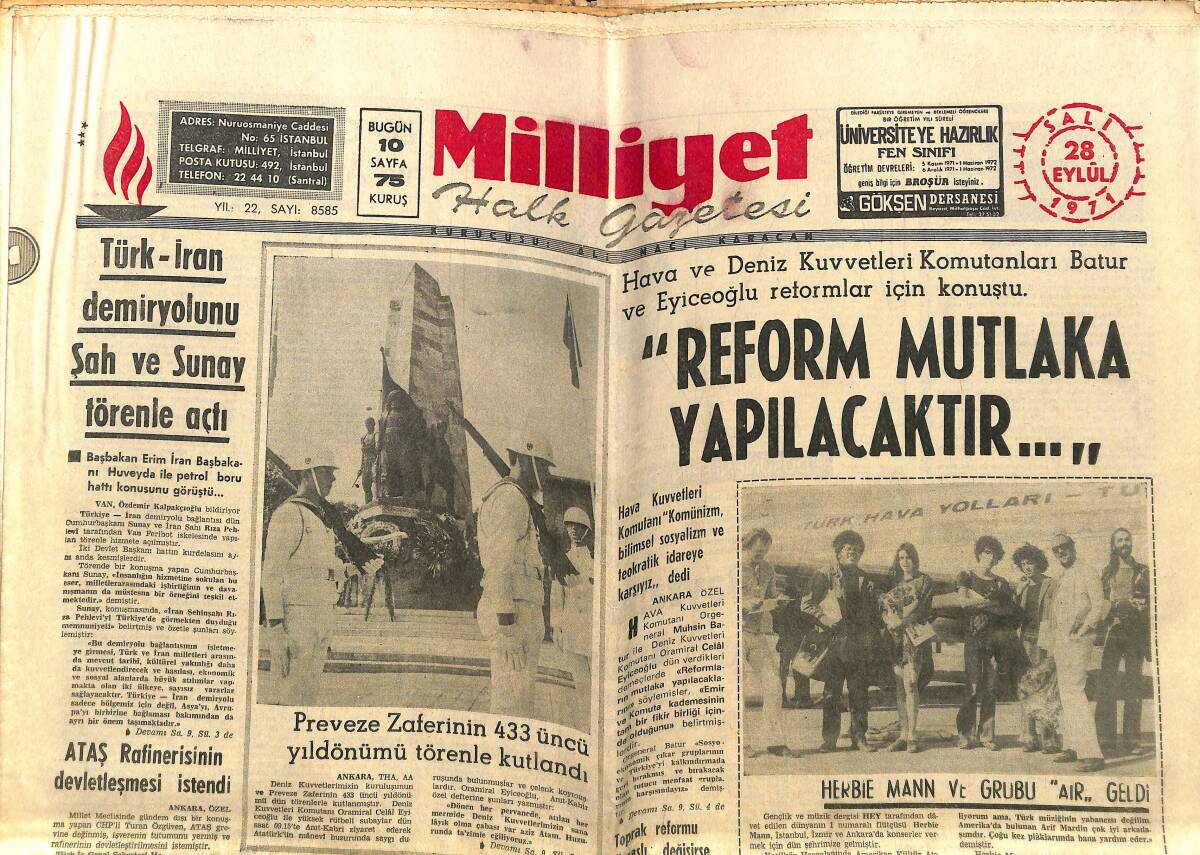 Milliyet Gazetesi 28 Eylül 1971 - Süreyya Evleniyor - Türk-İran Demiryolunu Şah Ve Sunay Törenle Açtı - Herbie Mann Ve Grubu Geldi GZ140265 - 1