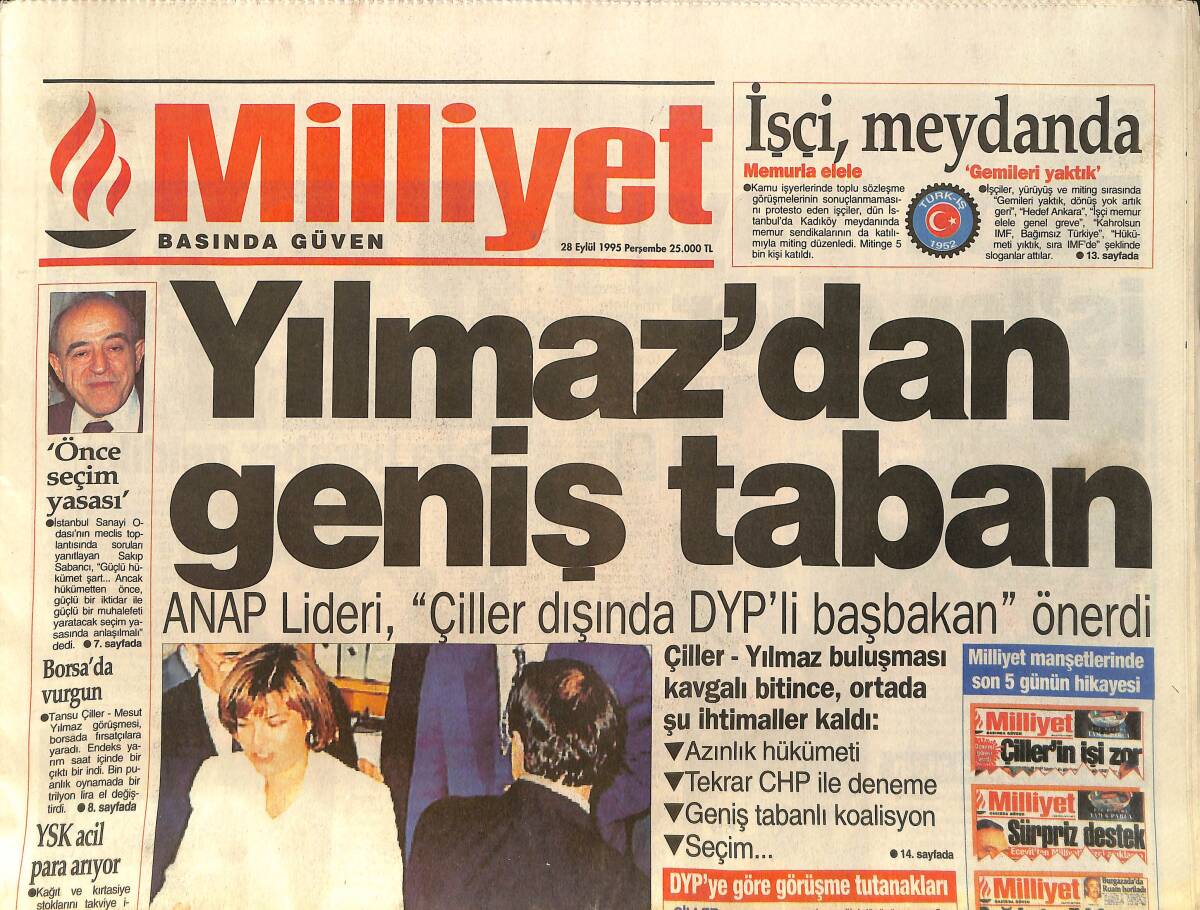 Milliyet Gazetesi 28 Eylül 1995 - Yılmaz'dan Geniş Taban - Fener'de Büyük Suçlama GZ157472 - 1