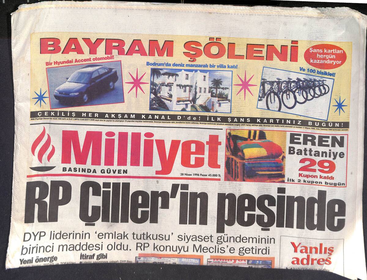 Milliyet Gazetesi 28 Nisan 1996 - RP Çiller'in Peşinde - Bursa'nın Cimbom Keyfi GZ132866 - 1