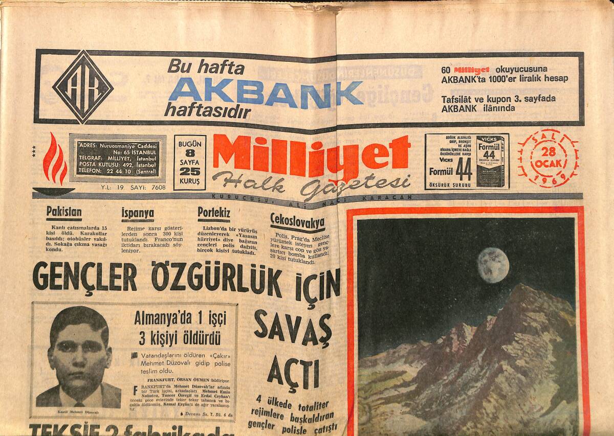 Milliyet Gazetesi 28 Ocak 1969 - Galatasaray Şampiyon - Gençler Özgürlük İçin Savaş Açtı - Ay'dan Dönen Astronotlar Anlatıyor GZ140075 - 1