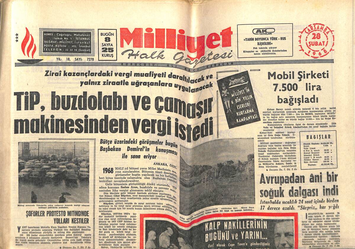Milliyet Gazetesi 28 Şubat 1968 - Makarios Atina'yı Tedirgin Etti - İsrail'in Atom Bombası Yapacağı Günler Yakın GZ143272 - 1