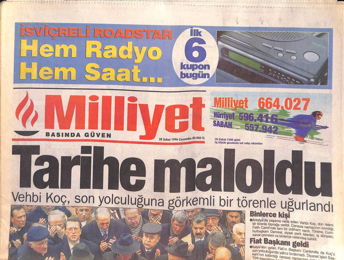 Milliyet Gazetesi 28 Şubat 1996 - Vehbi Koç , Son Yolculuğuna Görkemli Bir Törenle Uğurlandı GZ132844 - 1