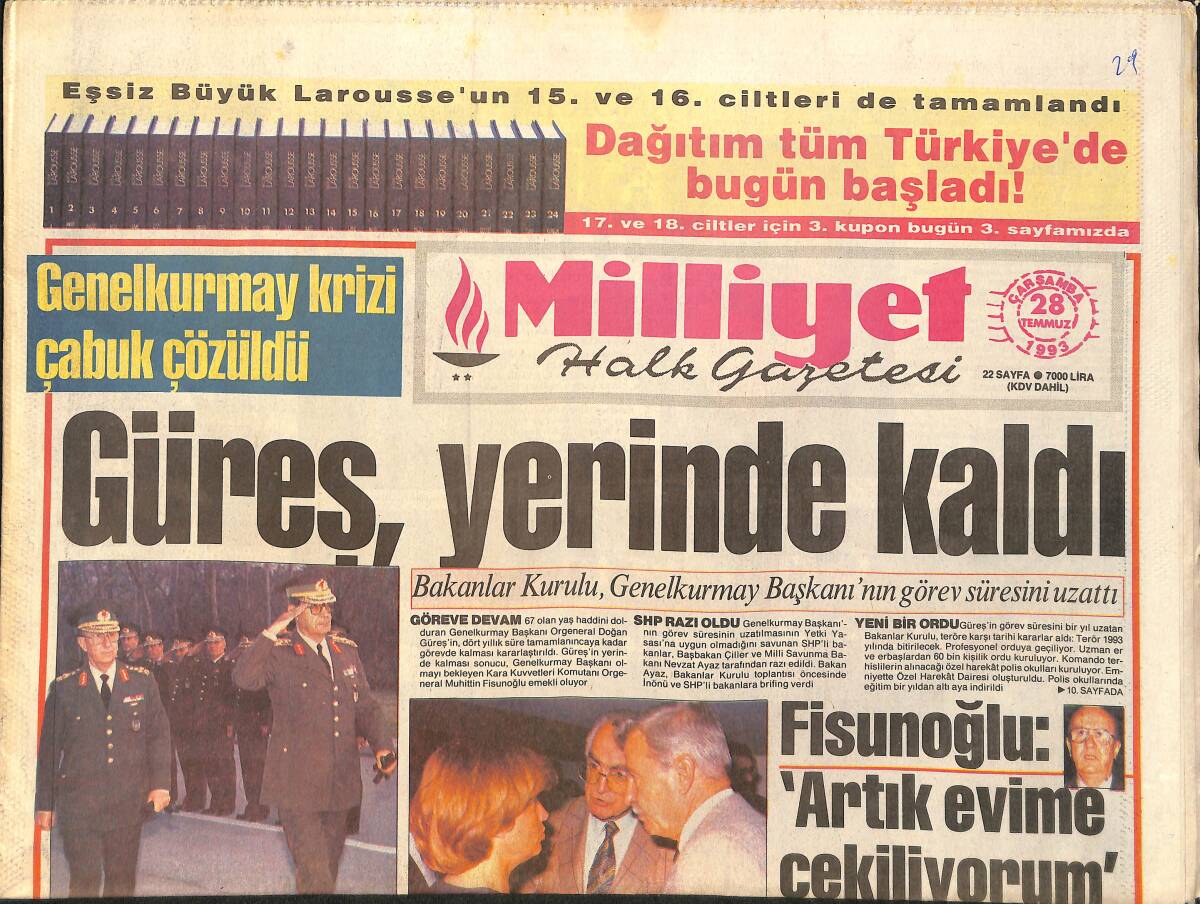 Milliyet Gazetesi 28 Temmuz 1993 - Demirel'den Çiller'e: Bizim Aramız İyi Aksini Söyleyene İnanma - Fenerbahçe'ye Şampiyon Modeli GZ2551 - 1