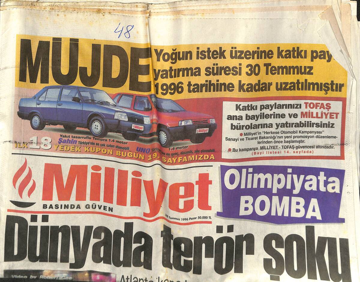 Milliyet Gazetesi 28 Temmuz 1996 - Galatasaray'da Folha Umudu - Olimpiyata Bomba GZ153082 - 1