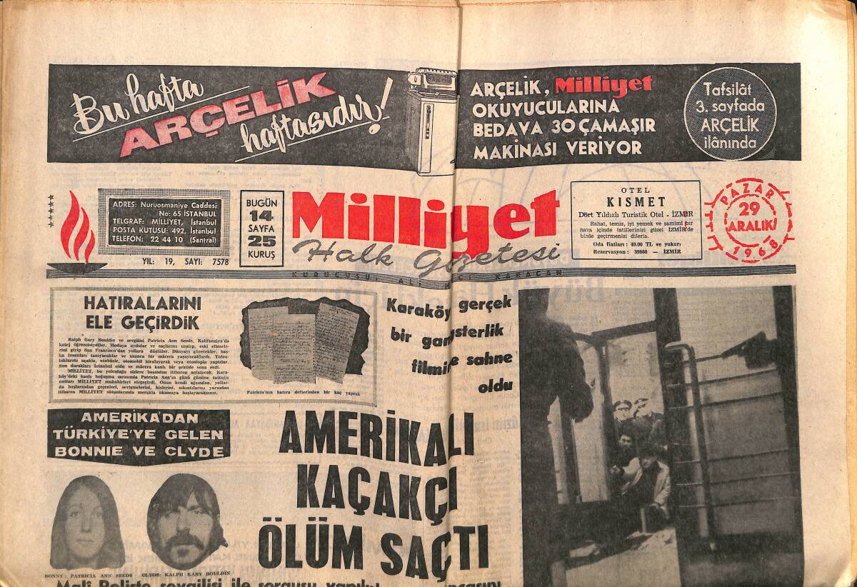 Milliyet Gazetesi 29 Aralık 1968 - Amerika'dan Türkiye'ye Gelen Bonnie Ve Clyde - Galatasaray ve Beşiktaşın 170. Buluşması Ali Sami Yen'de GZ140069 - 1