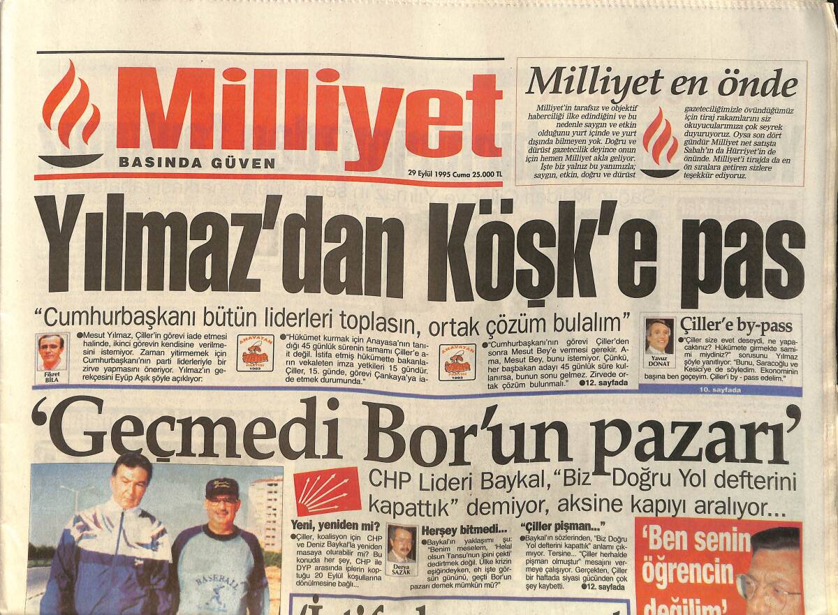 Milliyet Gazetesi 29 Eylül 1995 - Yılmaz'dan Köşk'e Pas - Tek Kral Trabzon GZ157473 - 1