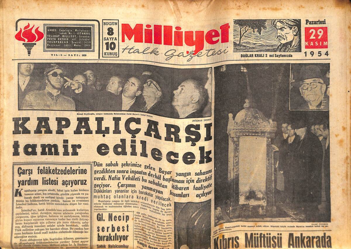 Milliyet Gazetesi 29 Kasım 1954 - Kapalıçarşı Tamir Edilecek - Beşiktaş, Vefa Engelini Aştı GZ134718 - 1