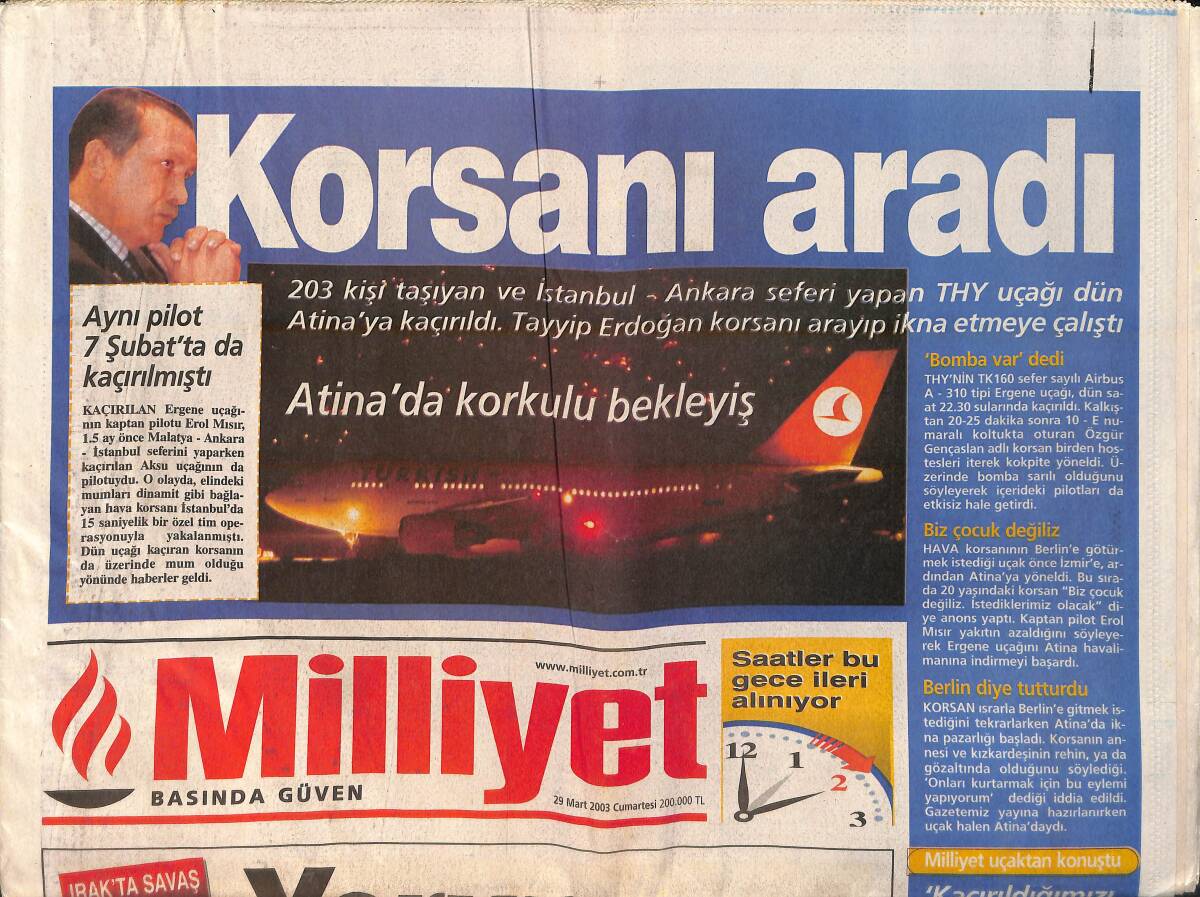 Milliyet Gazetesi 29 Mart 2003 - Irakta Savaş,Yorumsuz !!! - Türk Hava Yolları Uçağı Korsanlar Tarafından Kaçırıldı GZ155836 - 1