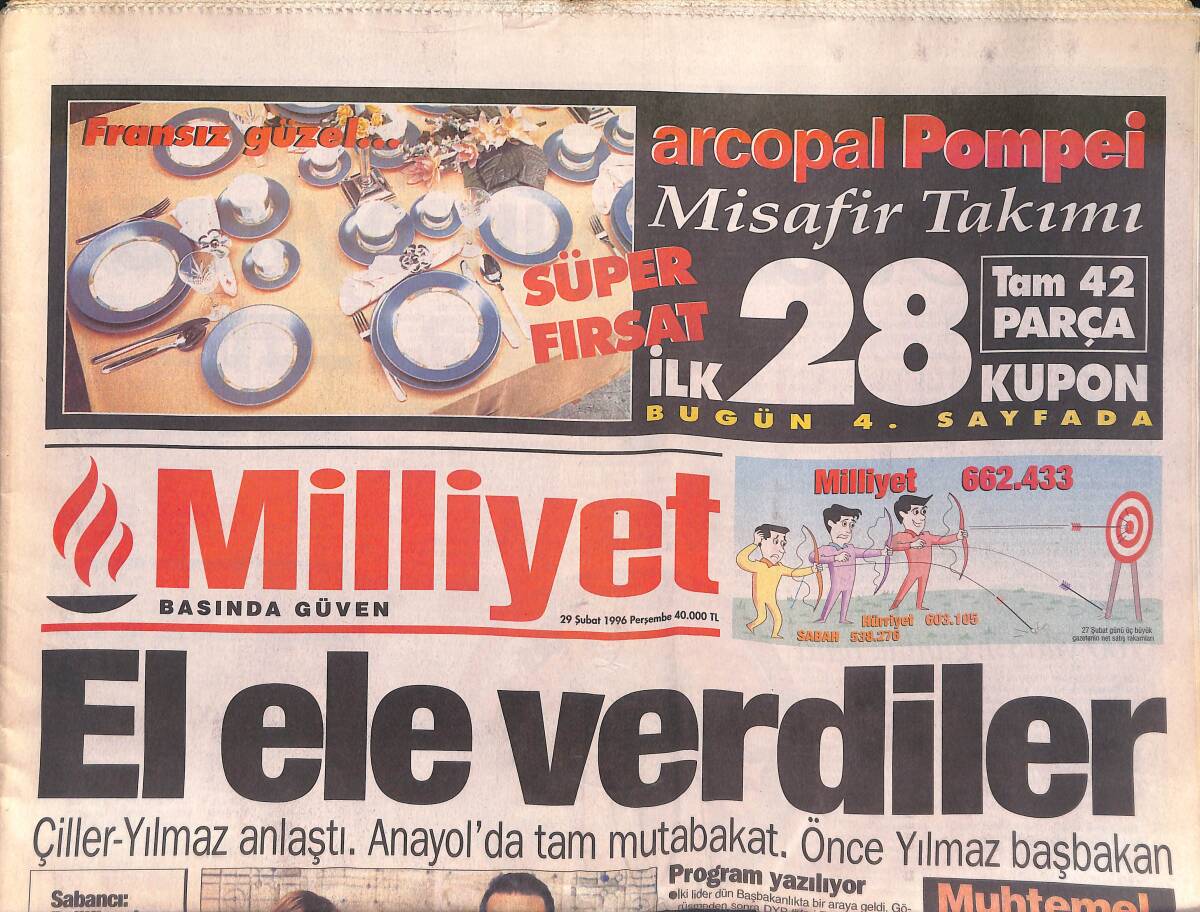 Milliyet Gazetesi 29 Şubat 1996 - Özal Suikastı İçin Gözaltı - Çiller-Yılmaz Anlaştı . Anayol'da Tam Mutabakat GZ132843 - 1